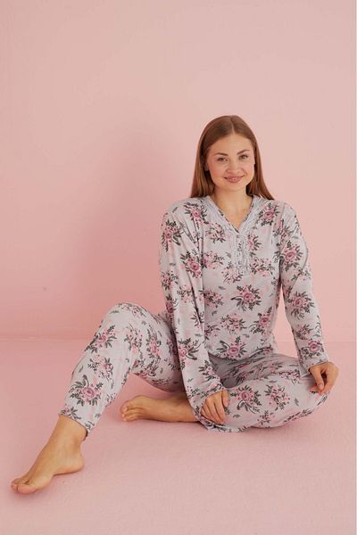 Eyfuze Women's Large Size Patterned Buttoned Collar Long Sleeve Bamboo Pajama Set