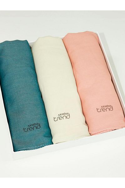 Armine Solid Color, Cotton Seher Shawl - Set of 3 - Petrol Blue, Cream, Pink