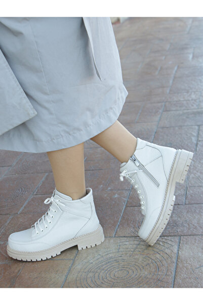 EREN SHOES BAG (Velma) Ecru Real Leather Lace-Up Zippered Ankle Boots