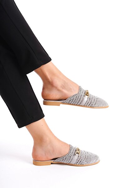 Moda Değirmeni Gray Lace Women's Buckle Slippers