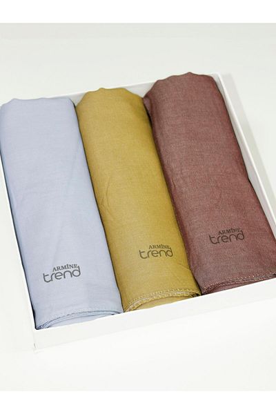 Armine Solid Color, Cotton Seher Shawl - Set of 3 - Blue, Brown, Oil Green