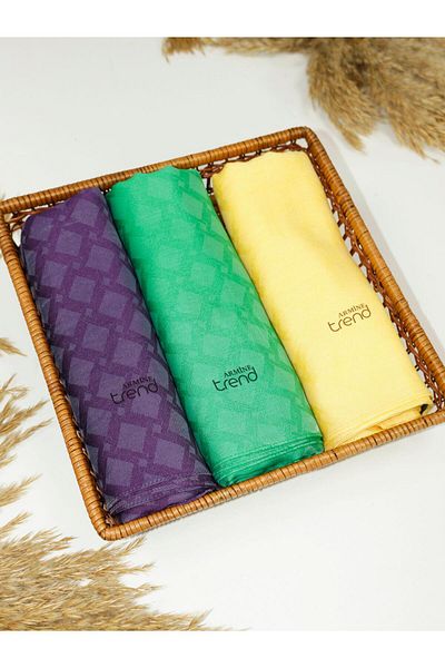 Armine Lia Cotton Jacquard Shawl - Set of 3 Tile Patterned Violet Bouquet