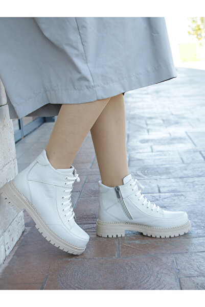 EREN SHOES BAG (Velma) Ecru Real Leather Lace-Up Zippered Ankle Boots