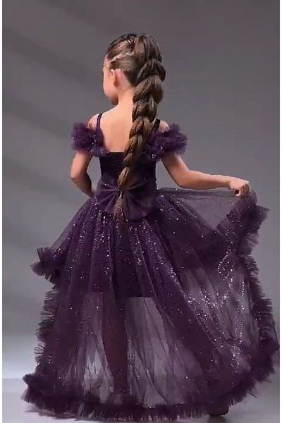 ABİYEKİDS Lurex Sequined Plum Evening Dress - Sweep Train Style, Wedding Party Kids Dress Aby170