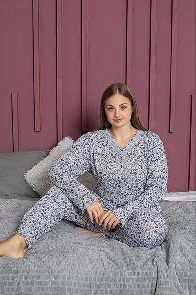 Eyfuze Women's Large Size Patterned Buttoned Collar Long Sleeve Bamboo Pajama Set