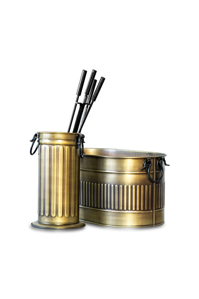 Sandıktan Al Gold Oval Şömine Kova Odunluk ve Maşa Takımı Set Takım