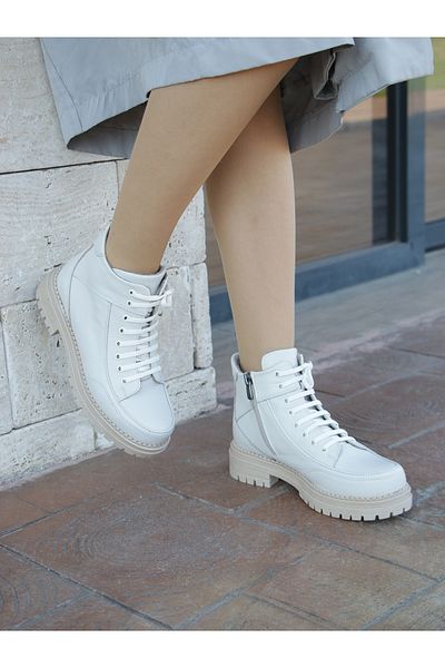 EREN SHOES BAG (Velma) Ecru Real Leather Lace-Up Zippered Ankle Boots
