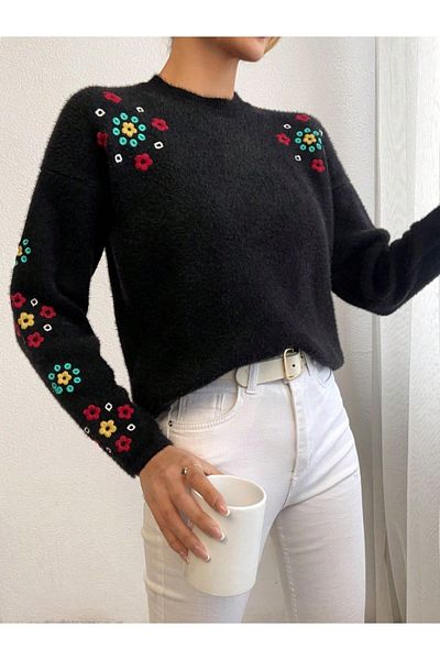 sportiness Broderie dama Tricoturi cu imprimeu floral Pulover
