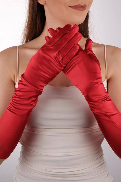 Hobigram Red Satin Long Bridal Gloves 47 cm Dance Opera Gloves – Party Gloves, Stylish Design – Party E