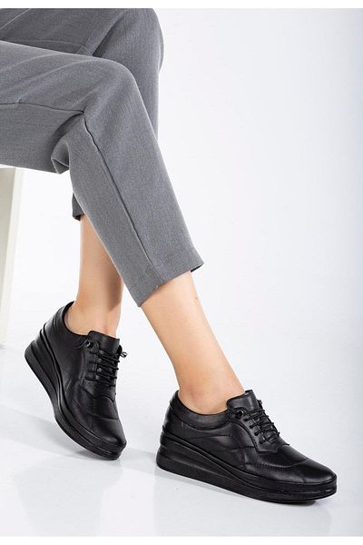 Dilimler Ayakkabı Genuine Leather Orthopedic Women's Wedge Heeled Shoes Black Elastic Laced