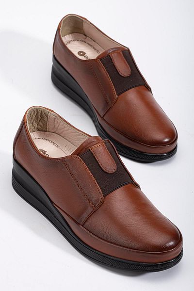 Dilimler Ayakkabı Orthopedic Genuine Leather Women's Wedge Heeled Shoes - Tan Elastic Band Laceless