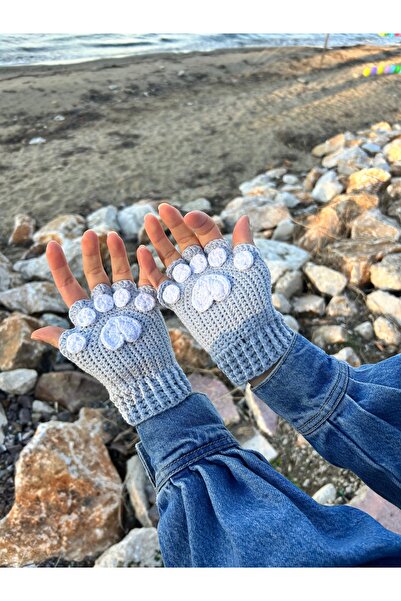 sumicorn Sevimli Kedi Patisi Mavi Örgü Parmaksız Kışlık Eldiven