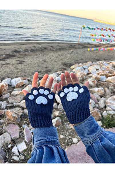 sumicorn Sevimli Kedi Patisi Lacivert Örgü Parmaksız Kışlık Eldiven