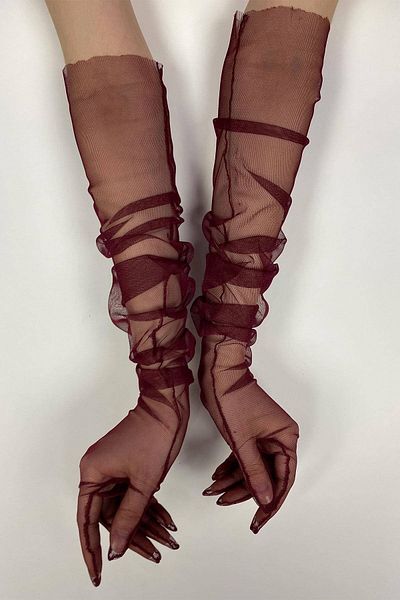 Hobigram 10 Pieces Burgundy Long Bridal Gloves Tulle Gloves Party Gloves Party Accessory – Party Gloves – Par
