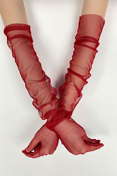 Hobigram Tül Eldiven Parti Nikah Düğün Kostüm Eldiveni Kırmızı Renk Şık Eldiven – Parti Eldiveni, Şık Tasarı