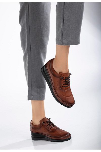 Dilimler Ayakkabı Orthopedic Genuine Leather Women's Wedge Heeled Shoes - Tan Elastic Laced