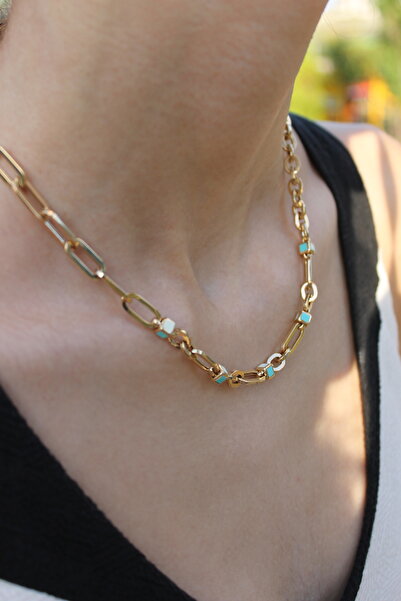 CETAŞ Mavi Beyaz Mineli Küp Zincir Altın Kolye