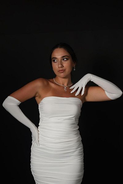 Hobigram White Sendi Fabric Long Bridal Gloves Costume Accessory – Party Gloves, Stylish Design – Party Eldive