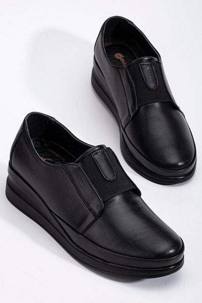 Dilimler Ayakkabı Orthopedic Genuine Leather Women's Wedge Heeled Shoes - Black Elastic Band Laceless