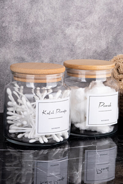 DNS HOME Set de 2 recipiente din bumbac din sticlă, cu capac din lemn, set organizat de bumbac și recipiente de depozitare din bumbac