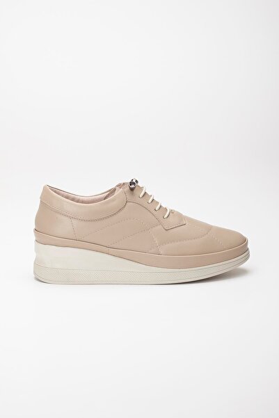 Dilimler Ayakkabı Genuine Leather Orthopedic Women's Wedge Heeled Shoes Beige Elastic Laced