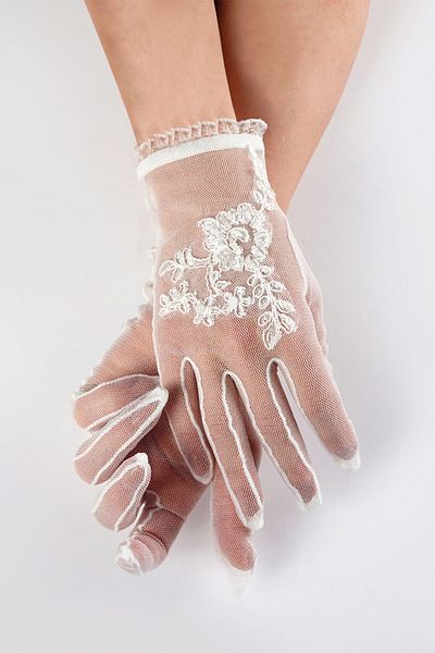 Hobigram White Embroidered Bead Detailed Stylish Bridal Gloves Party Gloves – Party Gloves, Stylish Design – Par