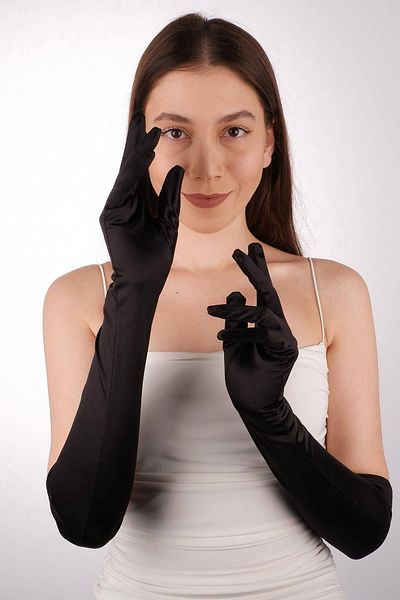 Hobigram Black Satin Long Bridal Gloves 56 cm Dance Opera Gloves – Party Gloves, Stylish Design – Party Eld