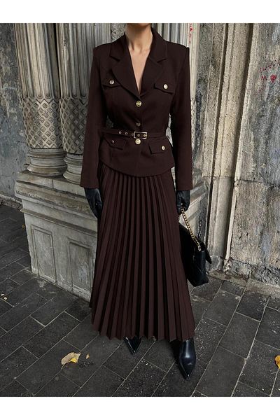 Rabury Butik Elizabeth Gold Belted-Buttoned Blazer Jacket and Pleated Skirt Set