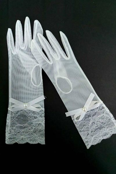 Hobigram White Lace Bridal Gloves with Bow Detail Costume Gloves – Party Gloves, Stylish Design –