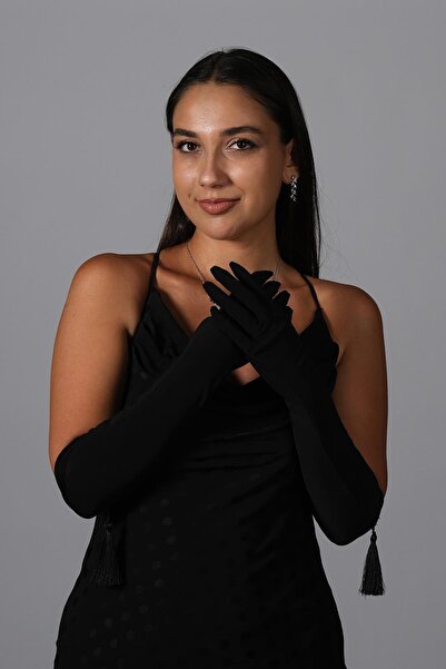 Hobigram Μαύρο Lycra Sendi Fabric Long Tassel Νυφικά Γάντια Αξεσουάρ Στολή – Γάντια για πάρτι – Χέρι για πάρτι