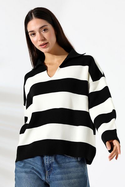 Union and Joy Tricotaj oversize cu dungi Pulover de damă cu gât polo negru