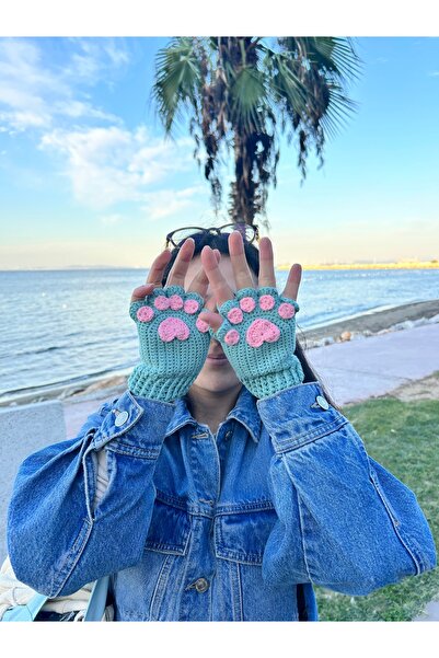 sumicorn Sevimli Kedi Patisi Örgü Turkuaz Parmaksız Kışlık Eldiven