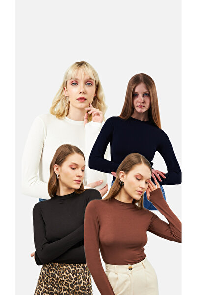 Bukamiss Kadın Siyah Beyaz Kahverengi  Lacivert 4'lü Parmak Detaylı Body