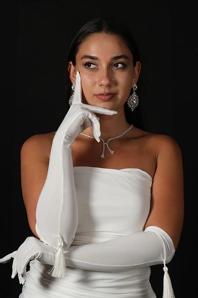 Hobigram White Lycra Sendi Fabric Long Tassel Bridal Gloves Costume Accessory – Party Gloves – Party Hand