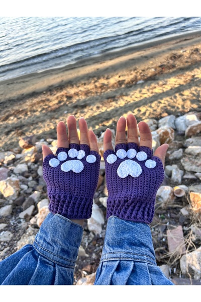 sumicorn Sevimli Kedi Patisi Mor Örgü Parmaksız Kışlık Eldiven