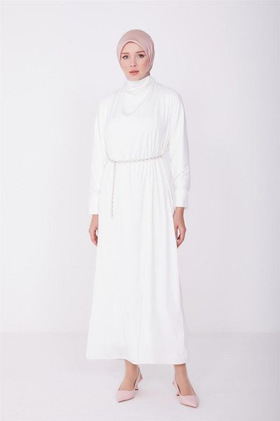 Armine Ecru Degaje Neckline and 2 Sashes Evening Dress - 23Y9611