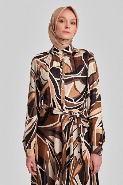 Armine Biye Detaylı Desenli Elbise 24y9853 Kahverengi