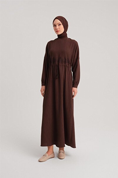 Armine Beli Nakışlı Elbise 24y9811 Acı Kahve