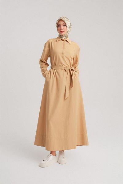 Armine Βασικό βαμβακερό φόρεμα Camel Polo Neck - 24y9822