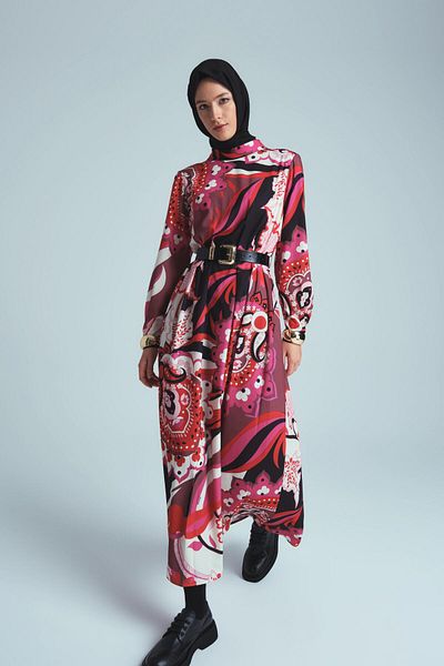 Armine Red Pleated and Print Dress - 24K9907