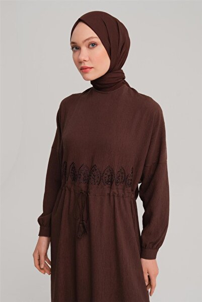 Armine Beli Nakışlı Elbise 24y9811 Acı Kahve