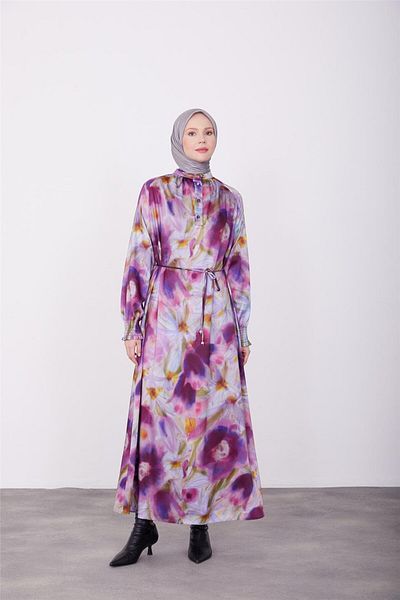 Armine Printed Violet Dress with Buttons on the Front, 23K9716
