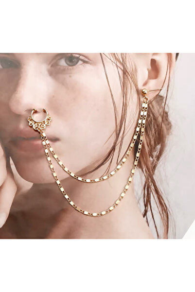 Girift Vintage Gold Zincir Detaylı Kulak Ve Burun Zinciri - Hint Hızması