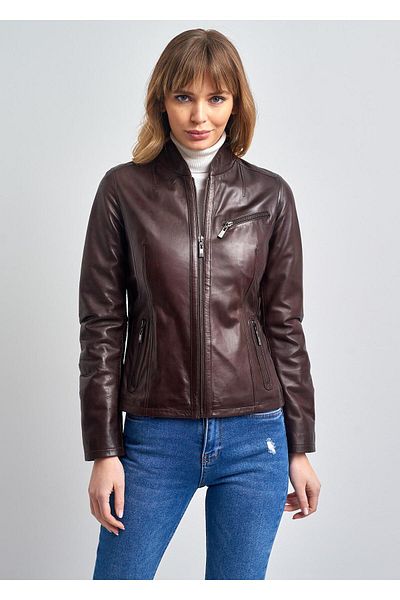 Pierre Cardin سترة جلدية بنية رفيعة بسحاب للنساء