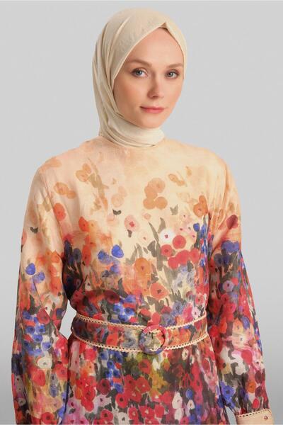 Armine Şerit Detaylı Desenli Elbise 24y9836 Şeftali