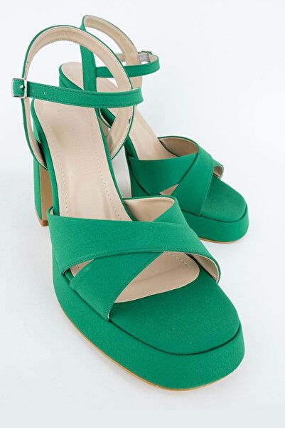 Modabuymus Sahra Green Satin Cross-Strapped Thick Platform Heeled Shoes