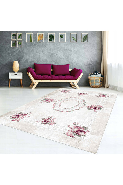 AACAP Pembe Çiçekli ,Kadife ,Modern Yıkanabilir, Lastikli Halı Örtüsü