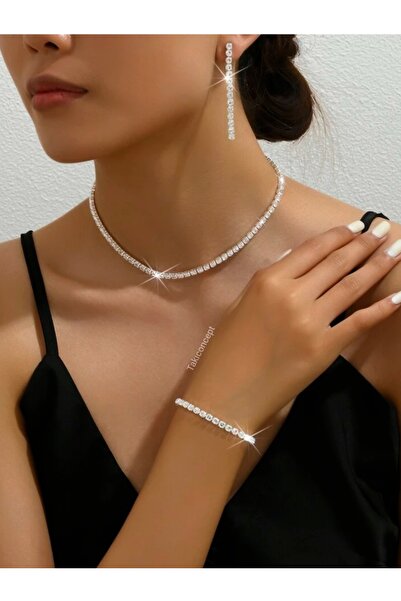 TakıConcept Kristal Taşlı Kolye Küpe Bileklik Üçlü Set Abiye Set Gelinlik Seti