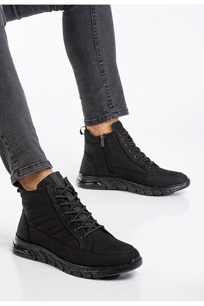 Dilimler Ayakkabı Ανδρικές μπότες Nubuck από γνήσιο δέρμα Μαύρο ελαστικό κορδόνι με στάμπα στο πλάι