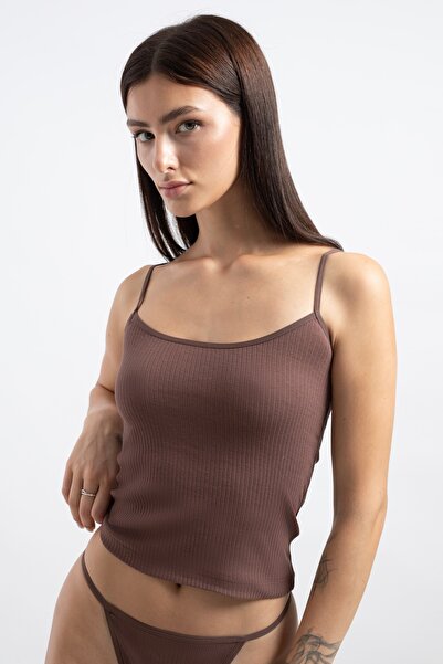 grab me Cotton Thin Strap Ribbed Brown Women's Tank Top